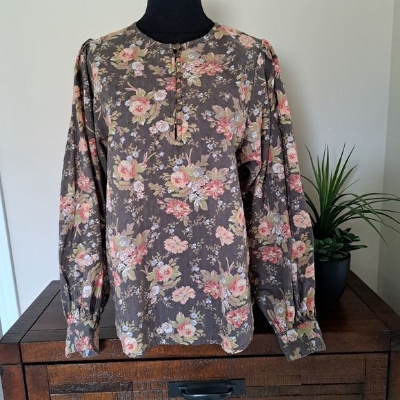 Anthropologie Floral Blouse Women's Small Brown Lightweight Long Sleeve Top - Picture 1 of 12